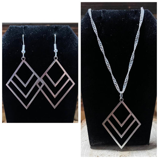 NEW Modern Art Triangle Stainless Steel 18" Necklace & Earrings Set