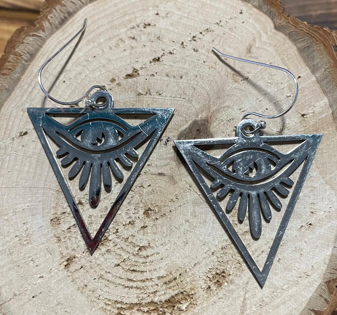 NEW Evil Eye Triangle Stainless Steel Cut Dangle Earrings
