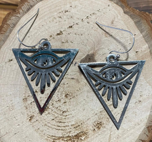 NEW Evil Eye Triangle Stainless Steel Cut Dangle Earrings