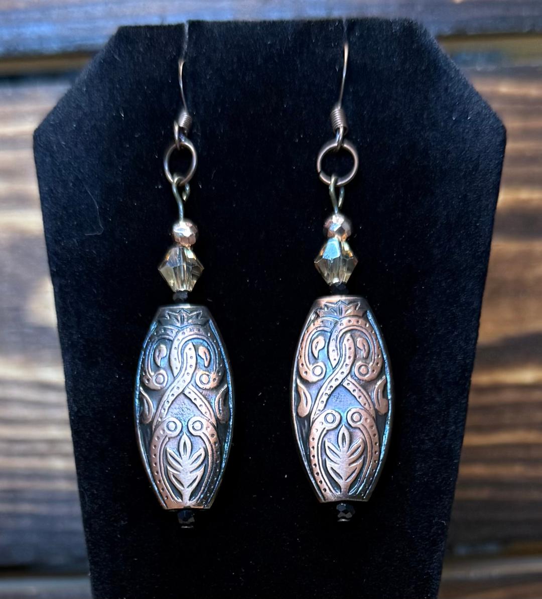 NEW Bronze Tribal Style Long Earrings w/ Glass Faceted Beads