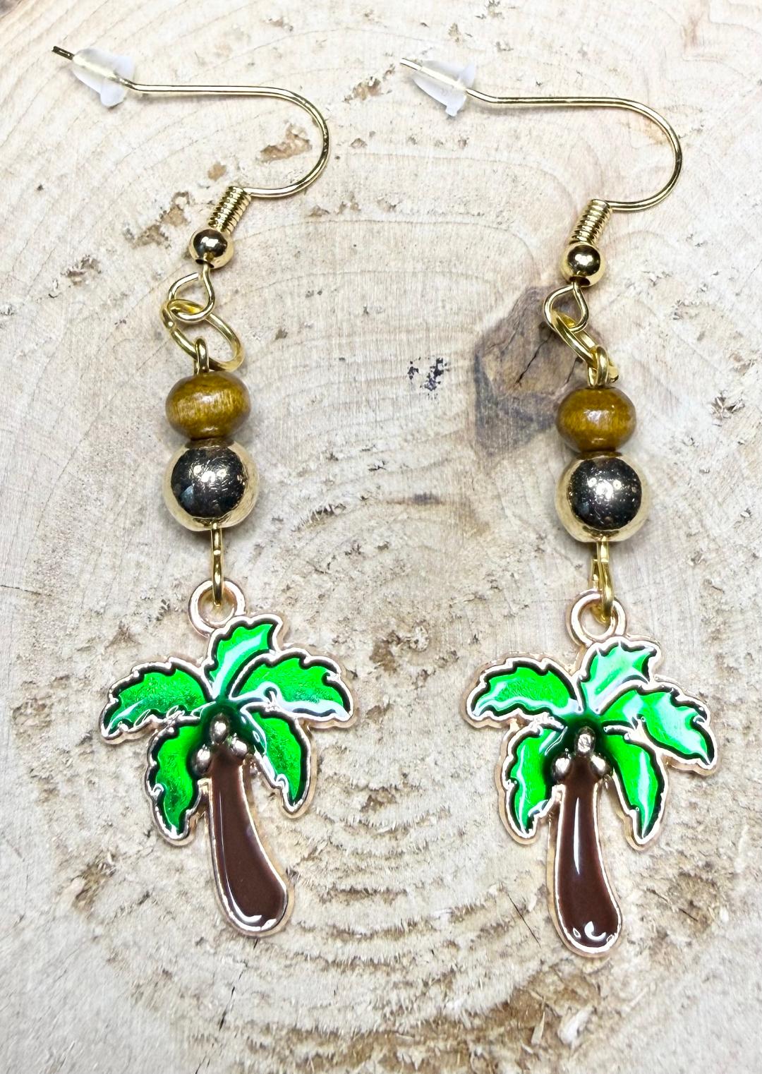 NEW Tropical Coconut Tree Earrings w/ Wood Beads
