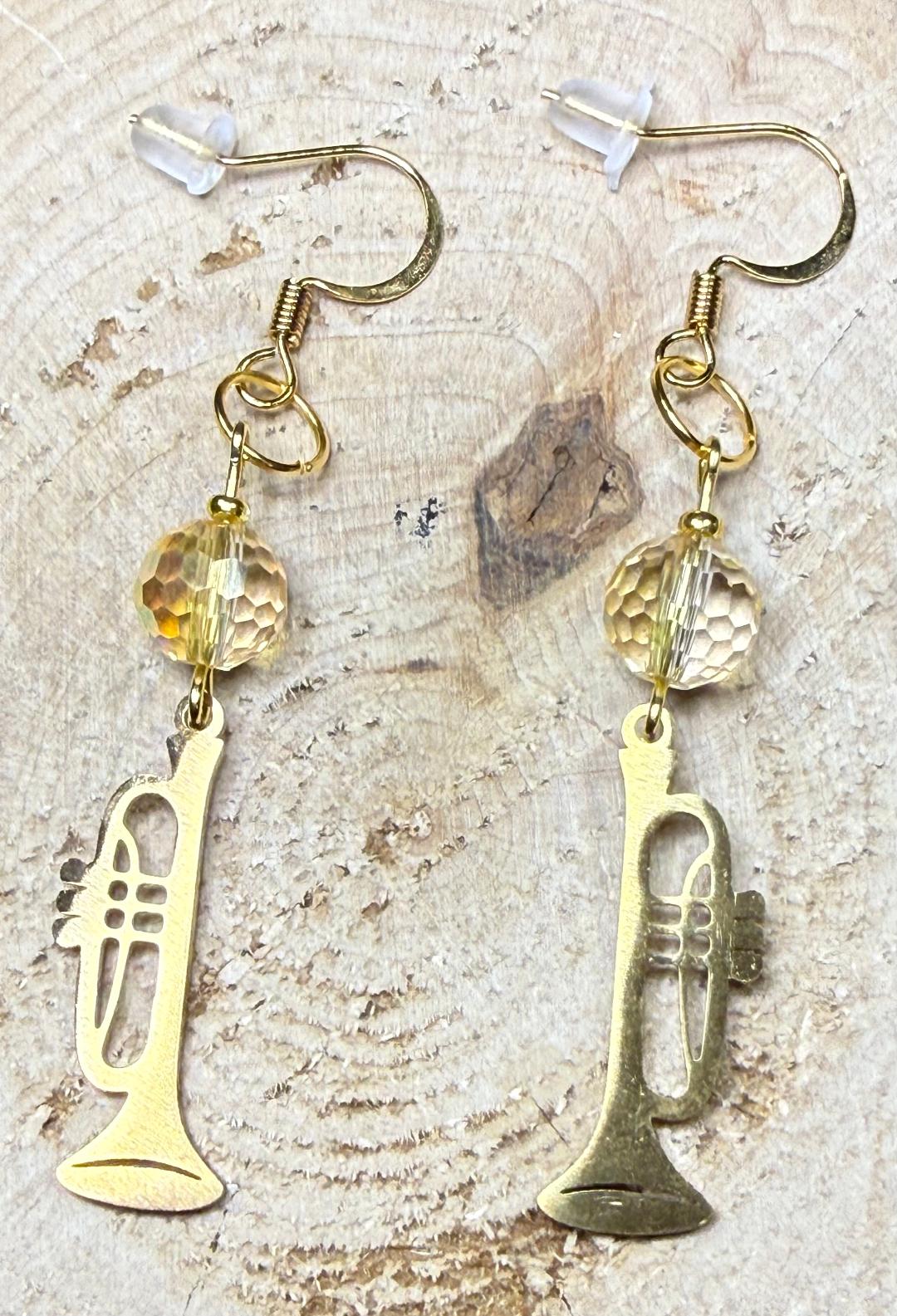 NEW Gold Stainless Steel Trumpet Charm Earrings w/ Multifaceted Glass Beads