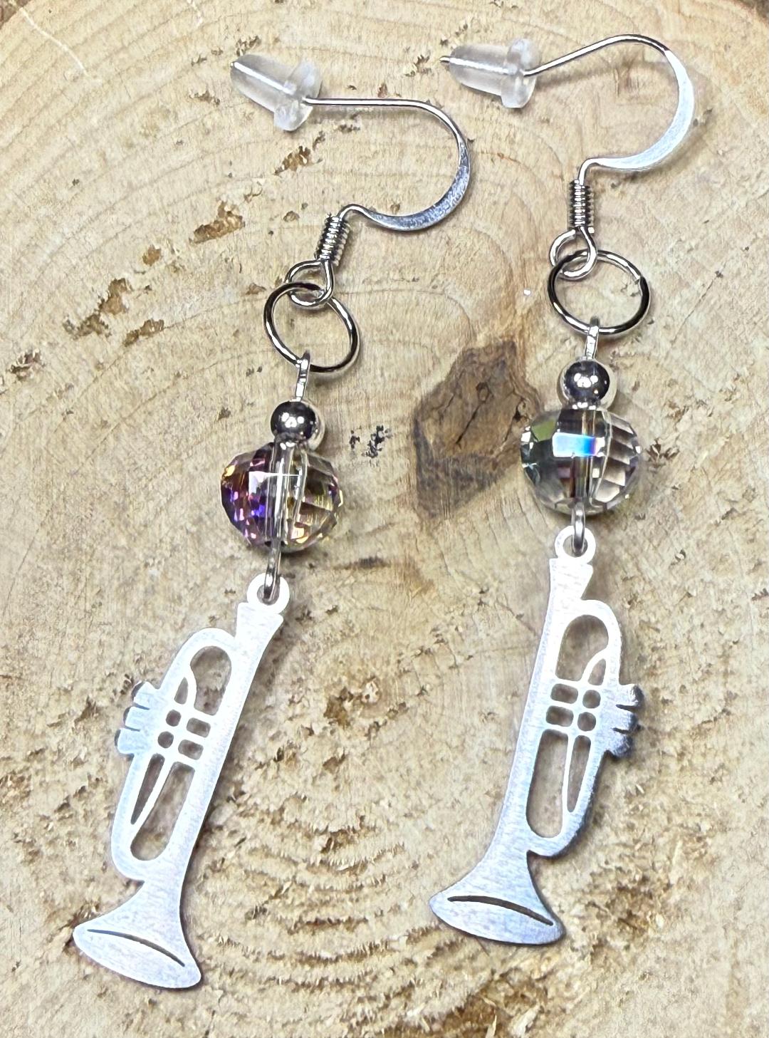 NEW Silver Stainless Steel Trumpet Charm Earrings w/ Multifaceted Glass Beads