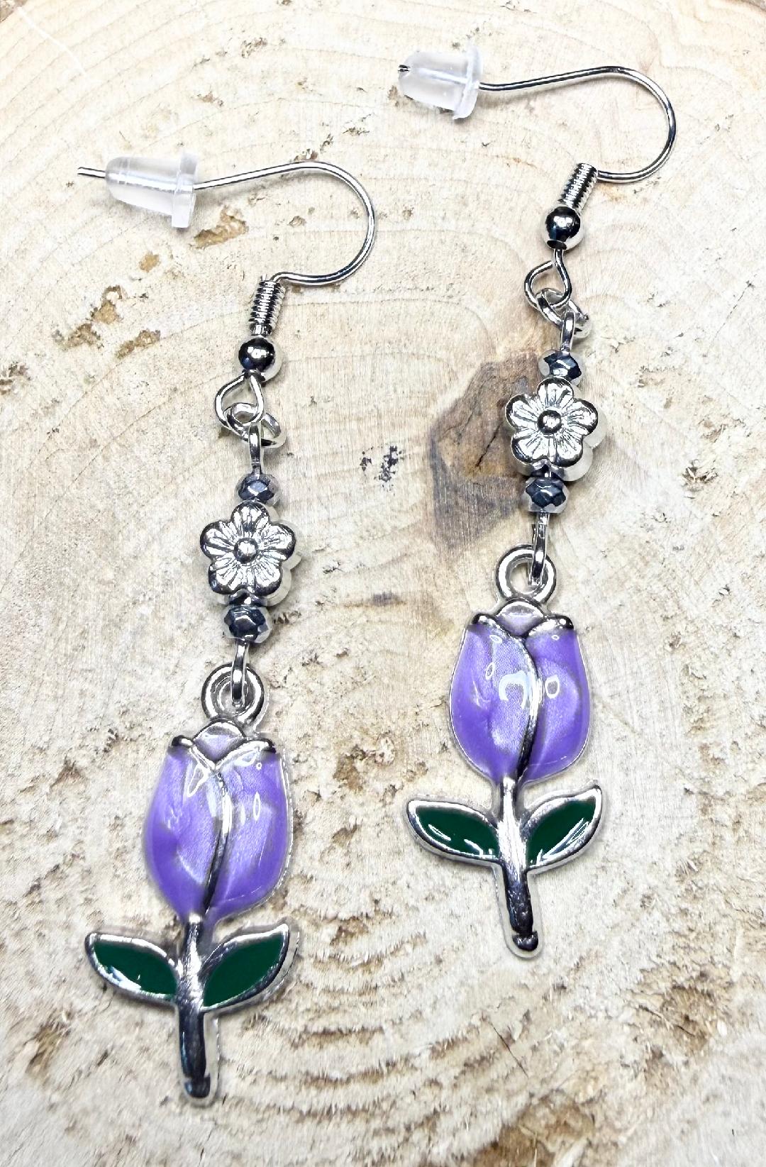 NEW Tulip Earrings in Purple Enamel w/ Flower Bead