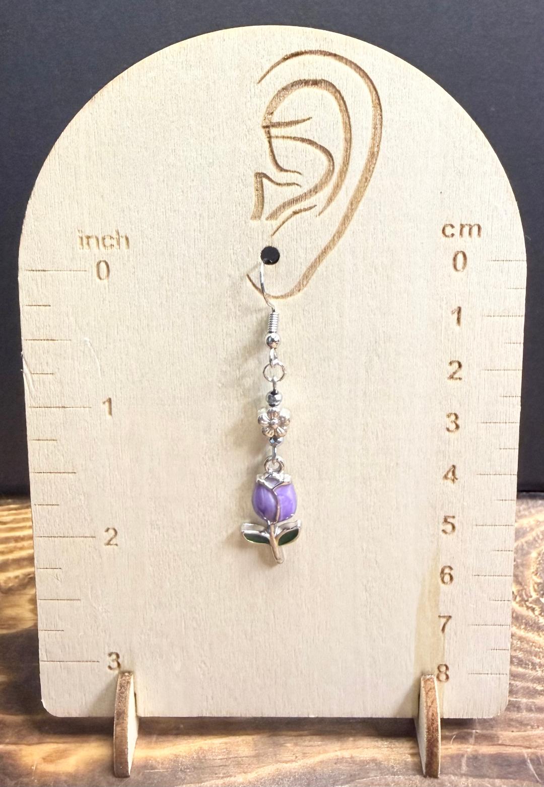 NEW Tulip Earrings in Purple Enamel w/ Flower Bead
