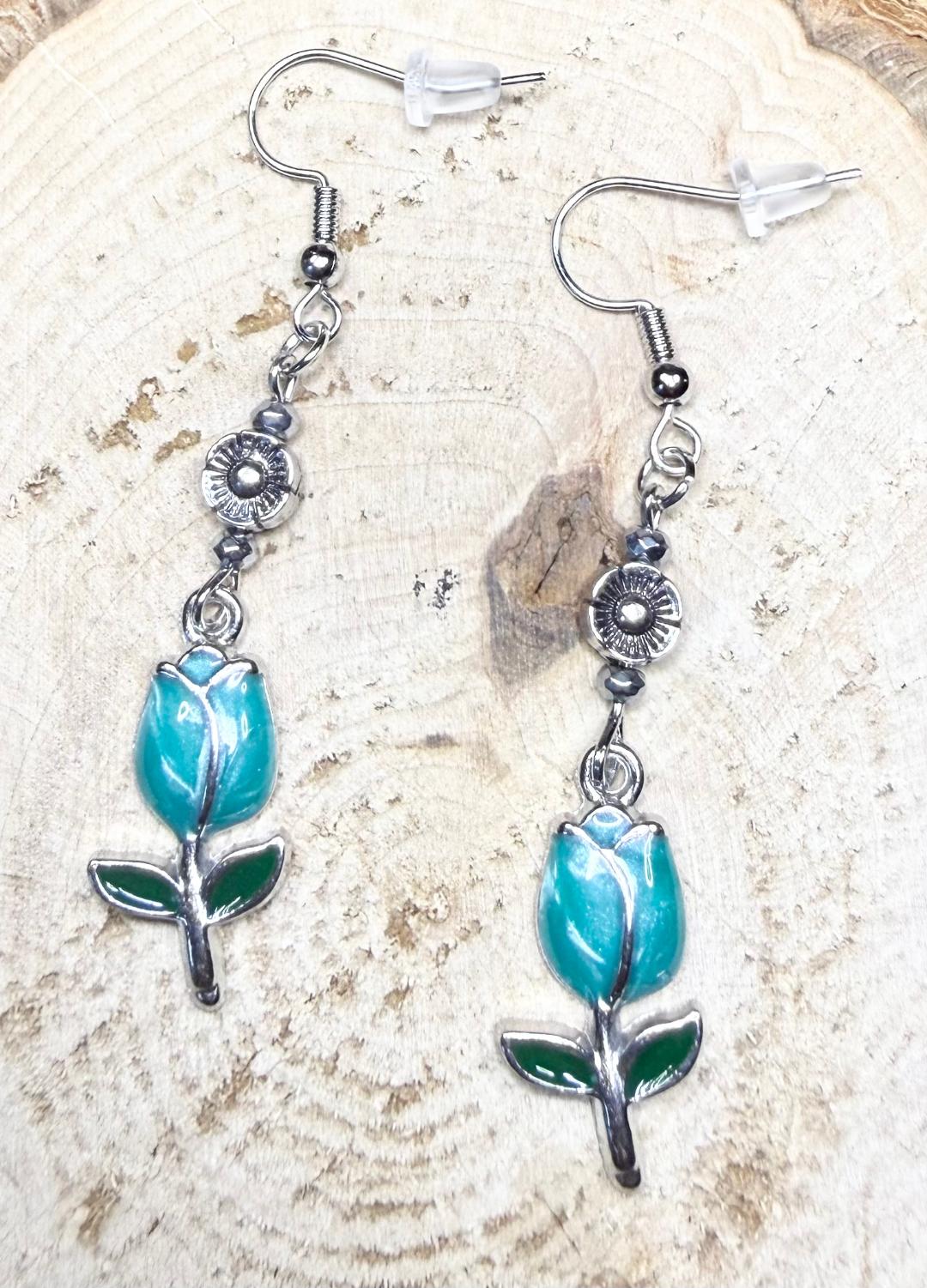 NEW Tulip Earrings in Teal Enamel w/ Flower Bead