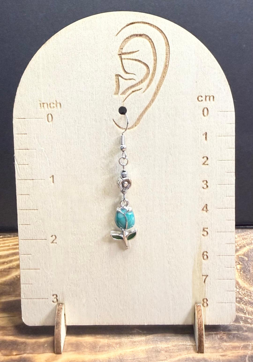 NEW Tulip Earrings in Teal Enamel w/ Flower Bead