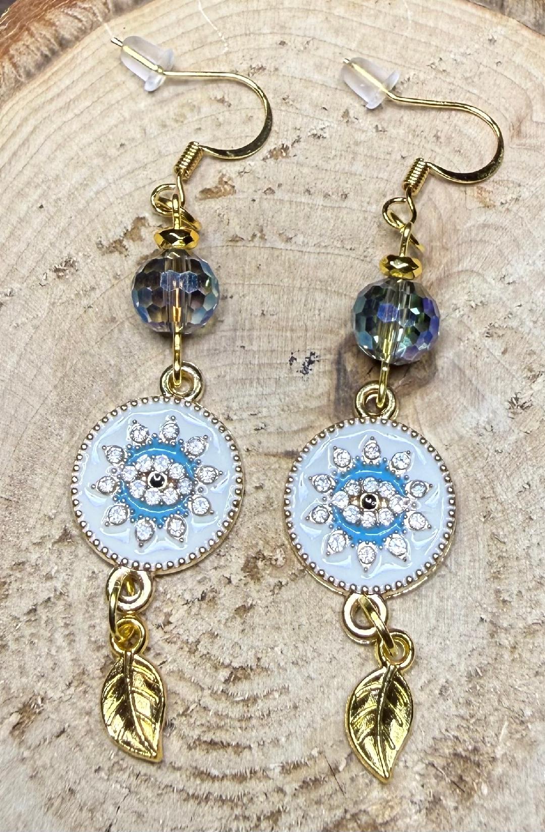NEW Turkish Nazar Rhinestone Gold Earrings w/ Glass Beads