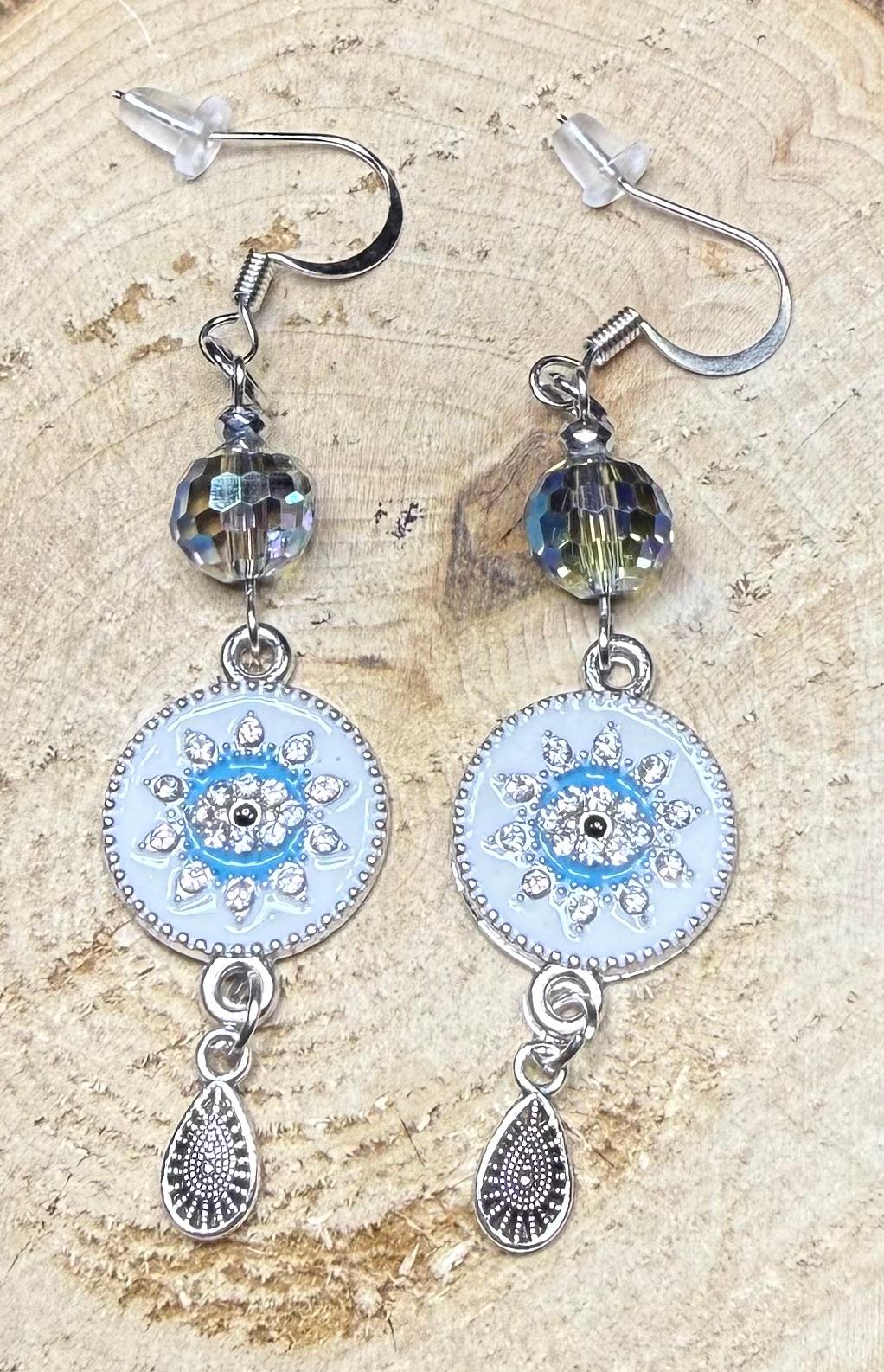 NEW Turkish Nazar Rhinestone Silver Earrings w/ Glass Beads