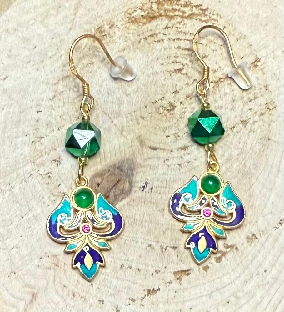 NEW Turkish Inspired 24K Gold Plated Cloisonné Earrings w/ Plated Glass Beads