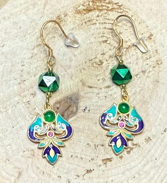 NEW Turkish Inspired 24K Gold Plated Cloisonné Earrings w/ Plated Glass Beads