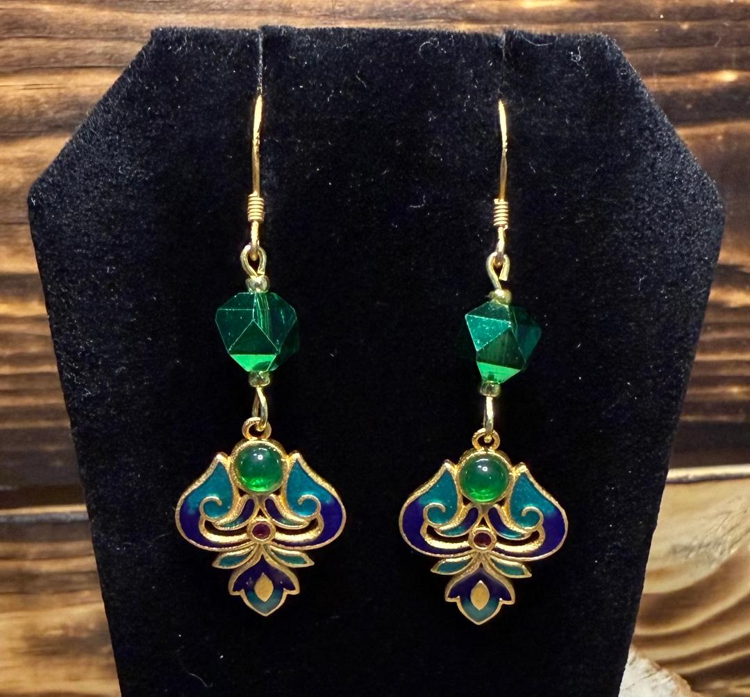 NEW Turkish Inspired 24K Gold Plated Cloisonné Earrings w/ Plated Glass Beads