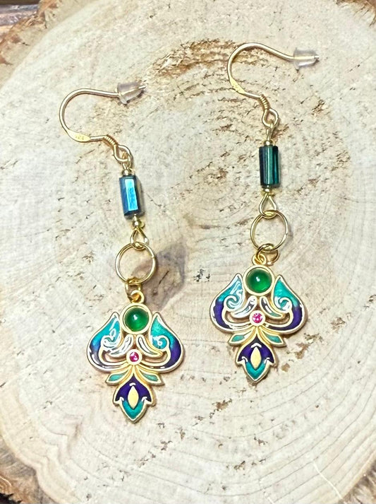 NEW Turkish Inspired 24K Gold Plated Drop Cloisonné Earrings w/ Tube Beads