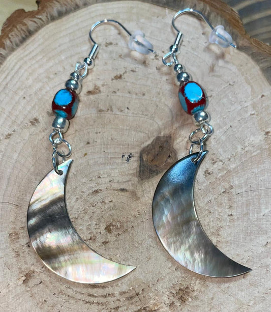 NEW Natural Black Lip Shell Crescent Moon Earrings w/ Jasper  Beads