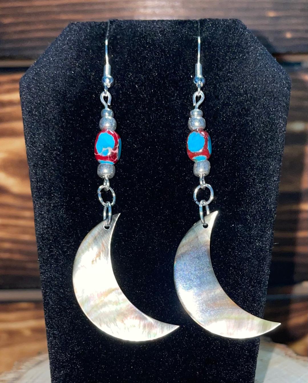 NEW Natural Black Lip Shell Crescent Moon Earrings w/ Jasper  Beads