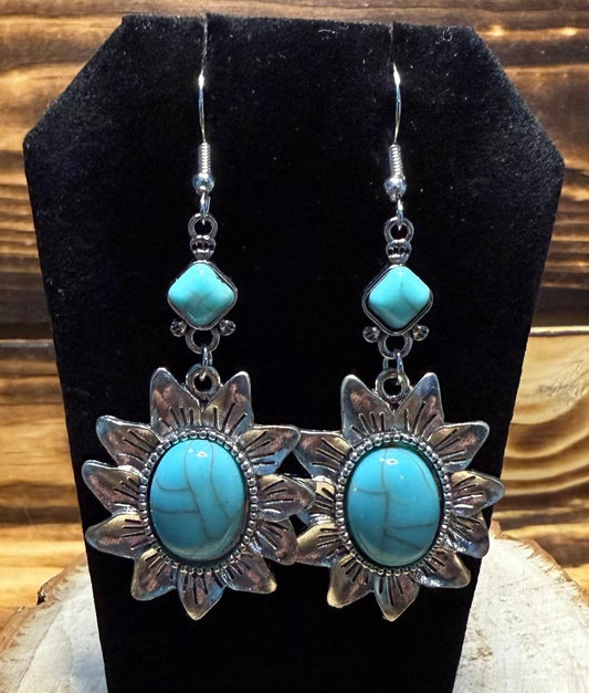 NEW Silver Tone Flower Charm Earrings w/ Faux Turquoise Center