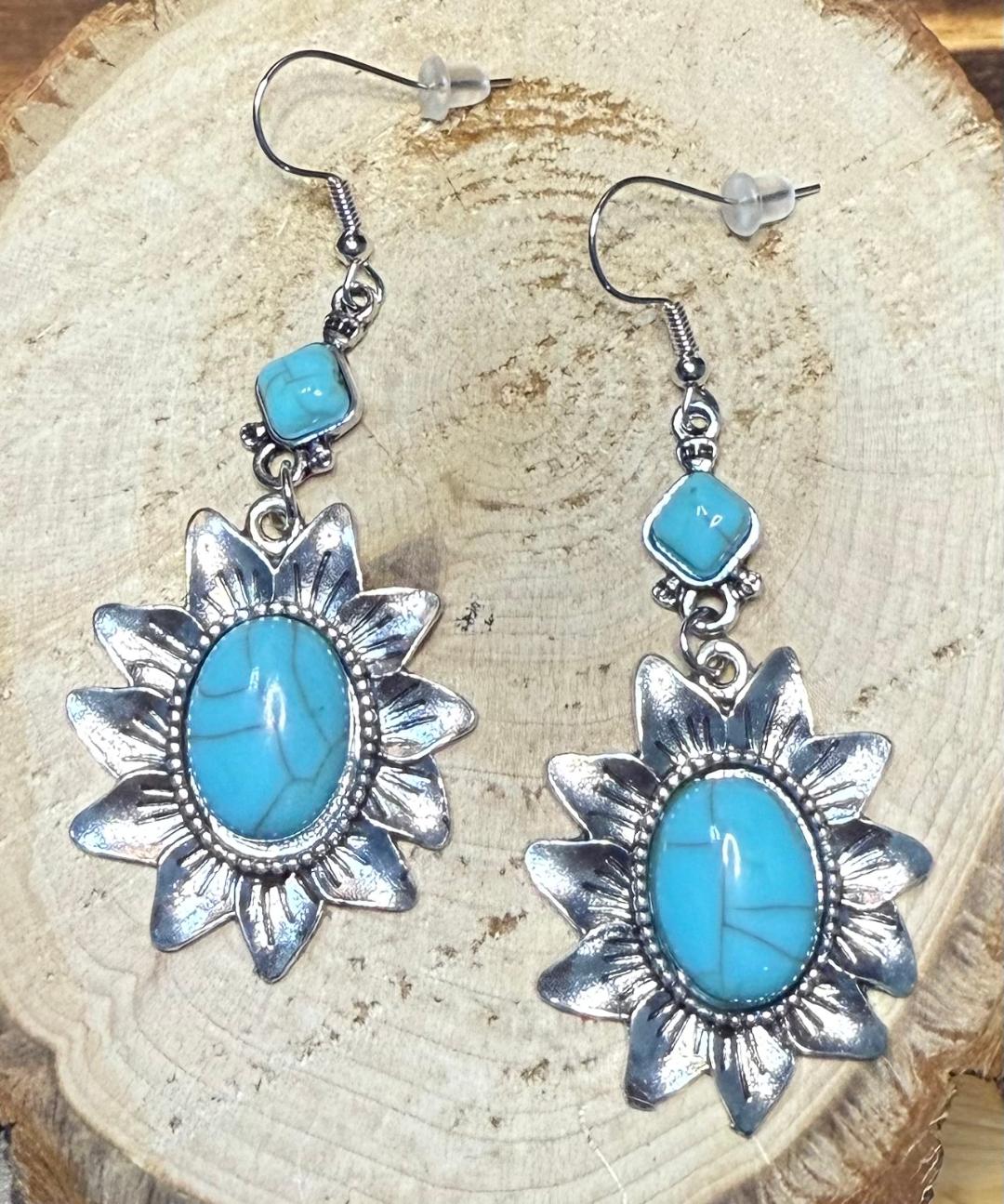 NEW Silver Tone Flower Charm Earrings w/ Faux Turquoise Center