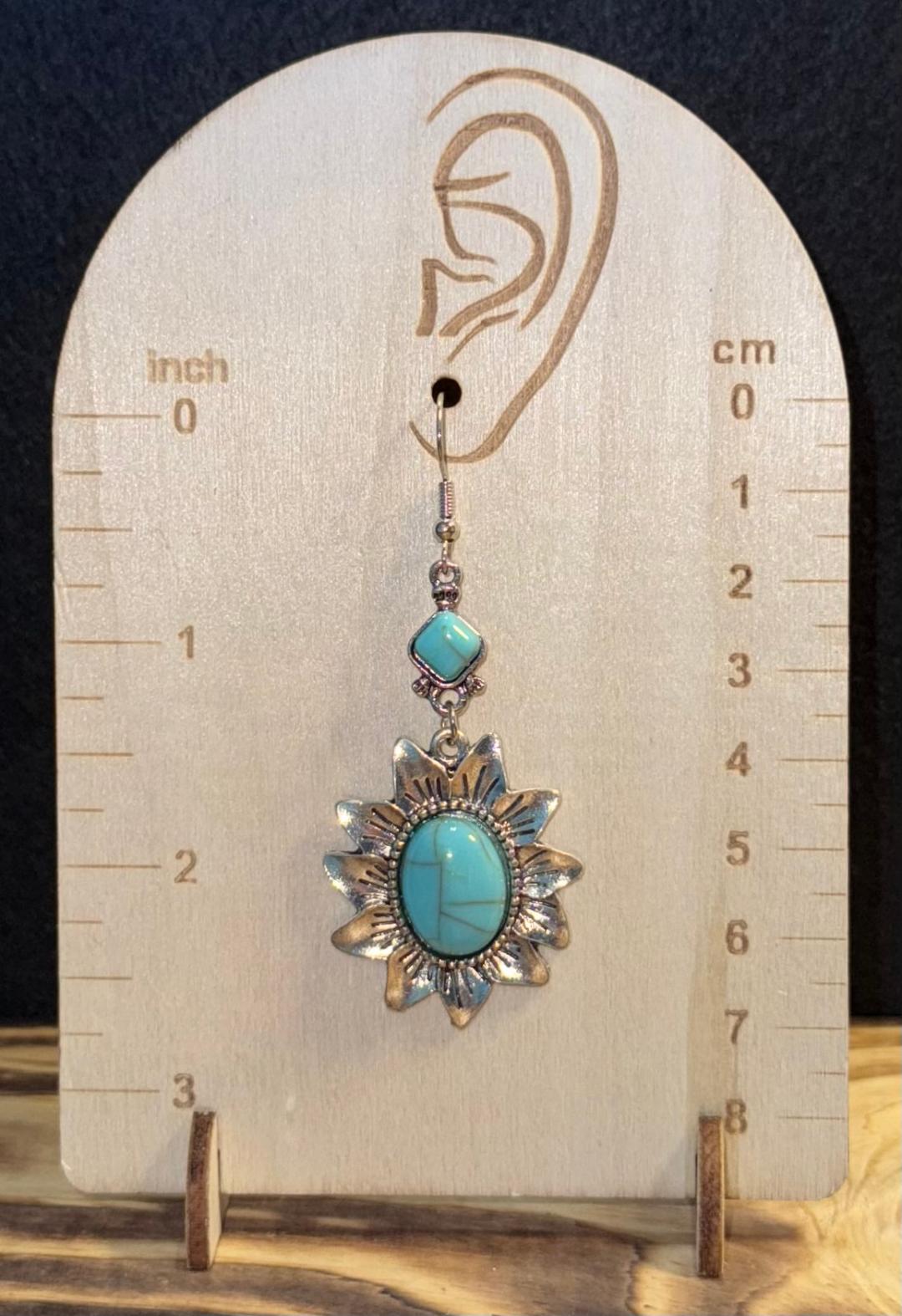NEW Silver Tone Flower Charm Earrings w/ Faux Turquoise Center