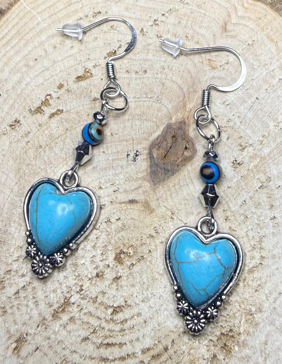 NEW Turquoise Green Heart Charm Earrings w/ Swirl Beads