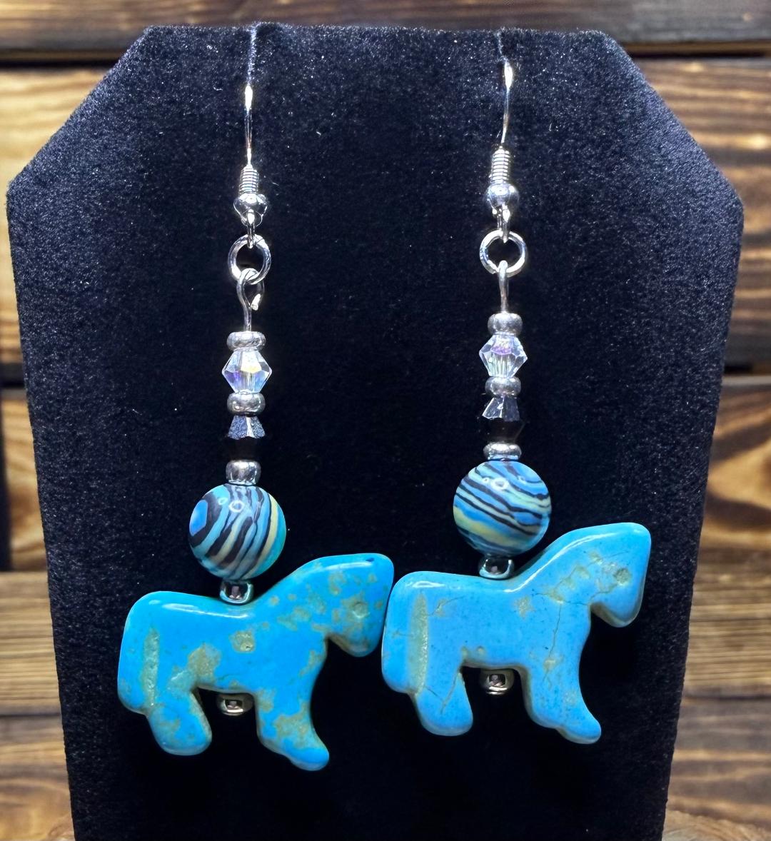 NEW Green Turquoise Horse / Pony Charm Earrings w/ Malachite Stone Beads