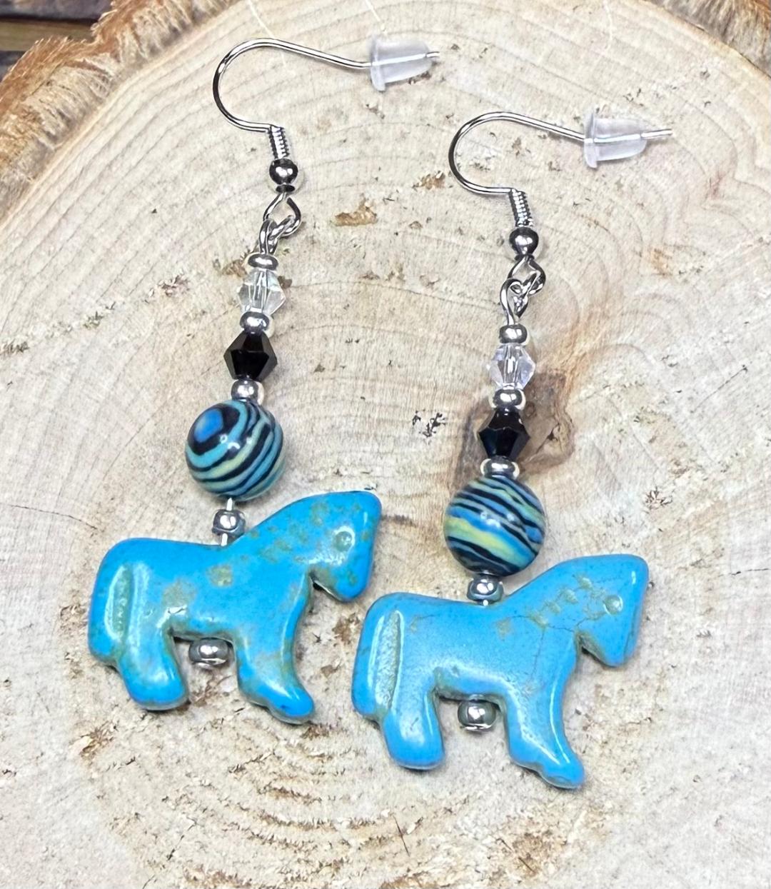 NEW Green Turquoise Horse / Pony Charm Earrings w/ Malachite Stone Beads