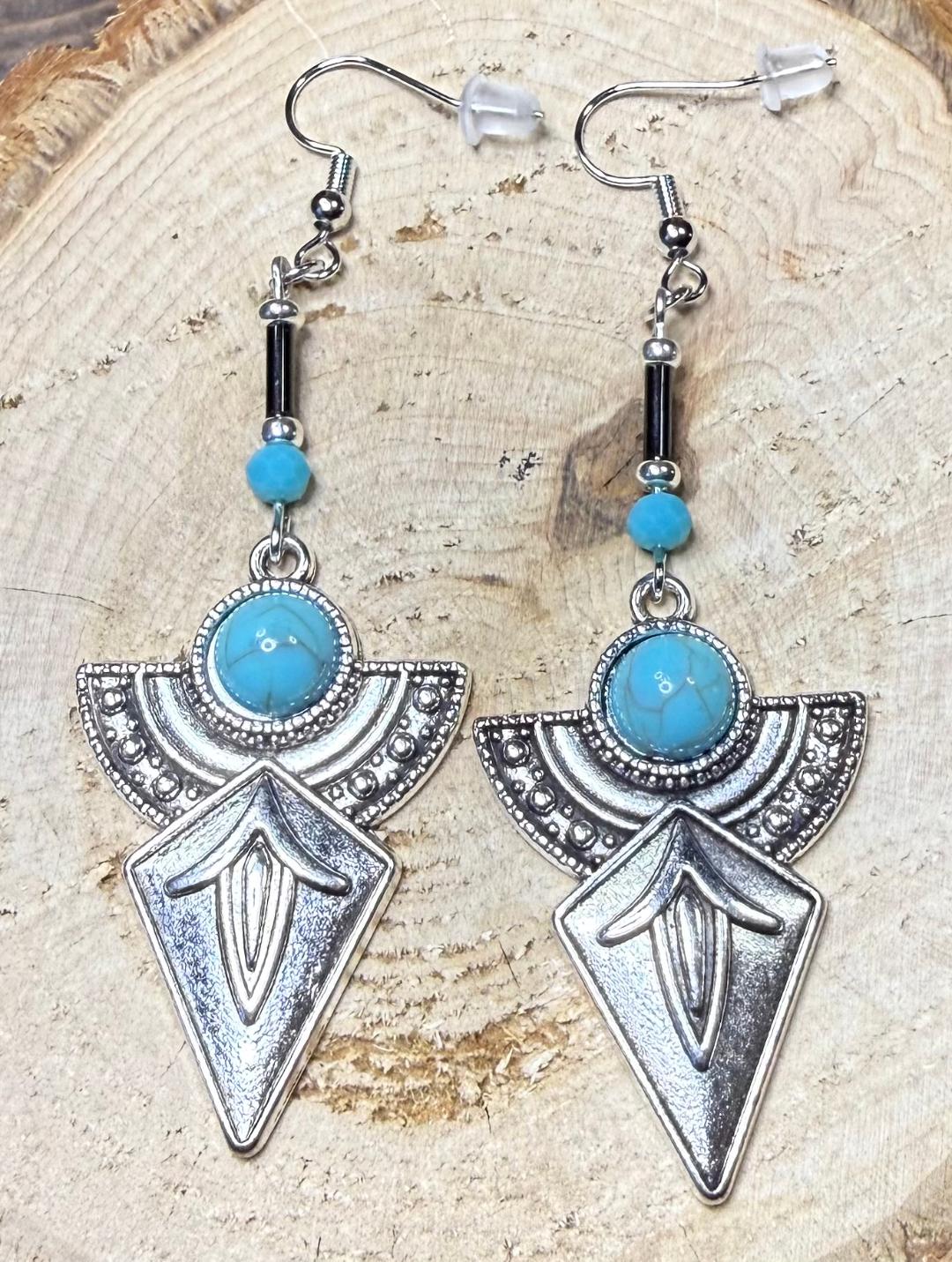 NEW Large Southwestern Style Silver & Turquoise Green Earrings