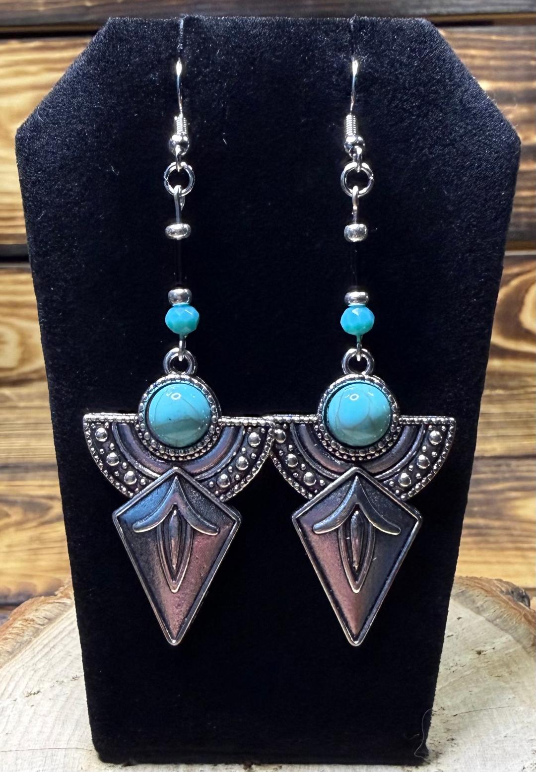 NEW Large Southwestern Style Silver & Turquoise Green Earrings