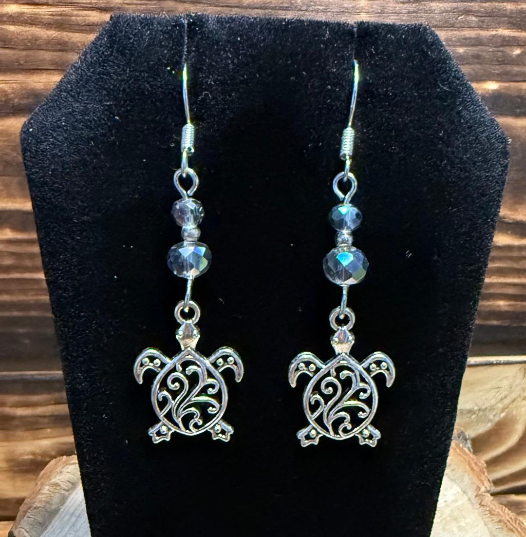 NEW Filigree Turtle Charm Earrings w/ Faceted Glass Beads
