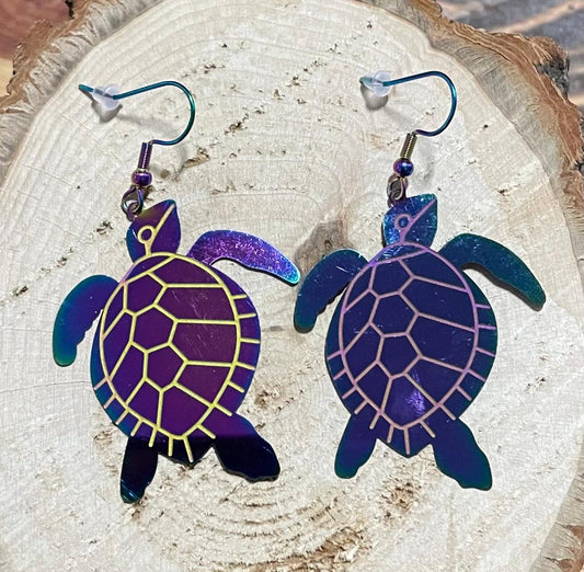 NEW Rainbow Iridescent Stainless Steel Turtle Earrings
