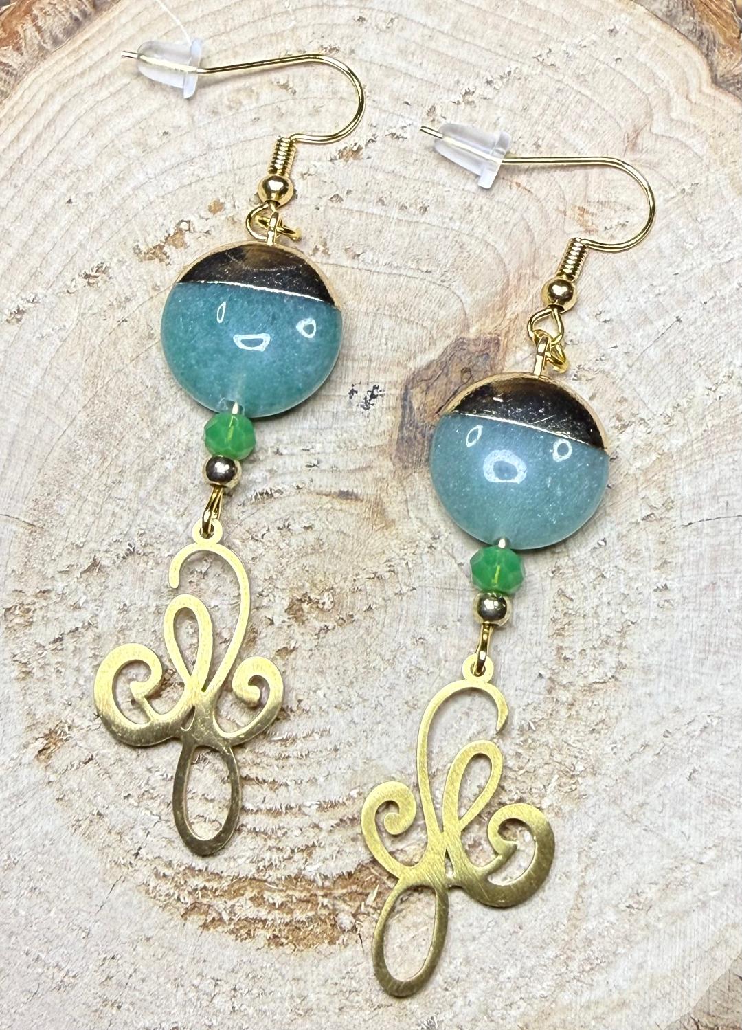 NEW Stainless Steel Gold Knot Earrings w/ Green & Gold Beads