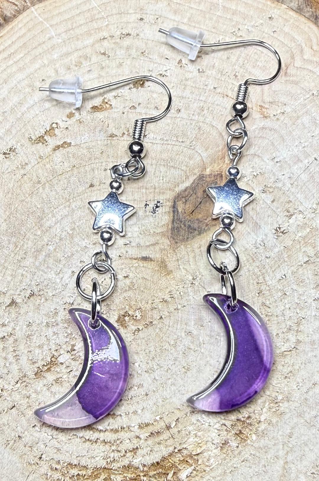 NEW Two Tone Purple & Clear Crescent Moon Earrings w/ Silver Star Beads