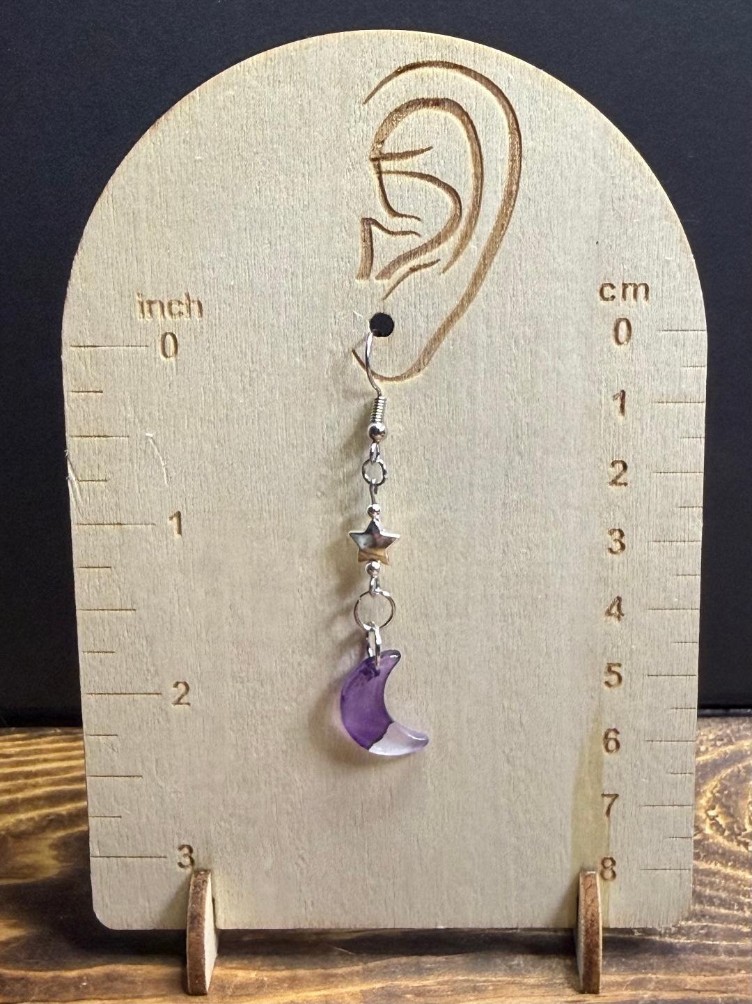 NEW Two Tone Purple & Clear Crescent Moon Earrings w/ Silver Star Beads
