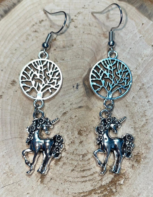 NEW Unicorn / Tree of Life Silver Tone Drop Earrings