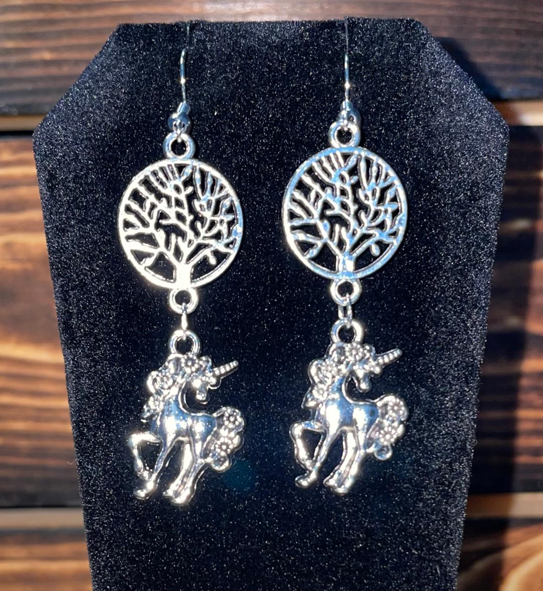 NEW Unicorn / Tree of Life Silver Tone Drop Earrings