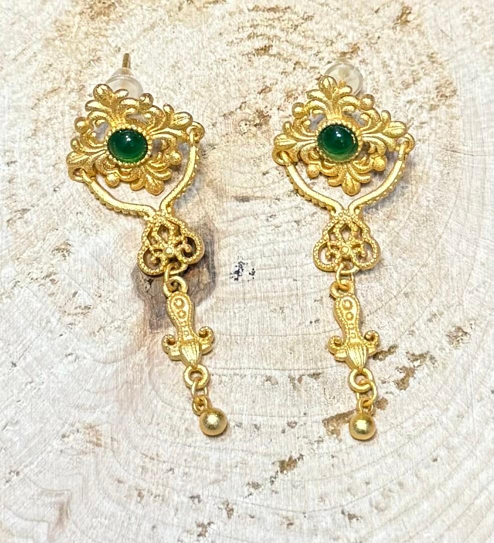 NEW Gold Tone & Green Gem Center Victorian Revival Stud Post Earrings