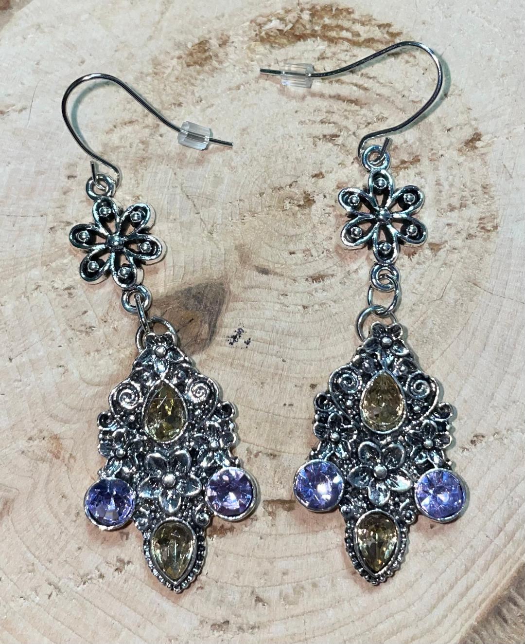 NEW Romantic Vintage Inspired Rhinestone Drop Dangle Silver Tone Earrings