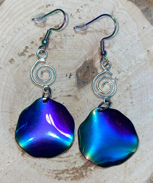 NEW Rainbow Iridescent Ripple Wave Stainless Steel Circle Earrings