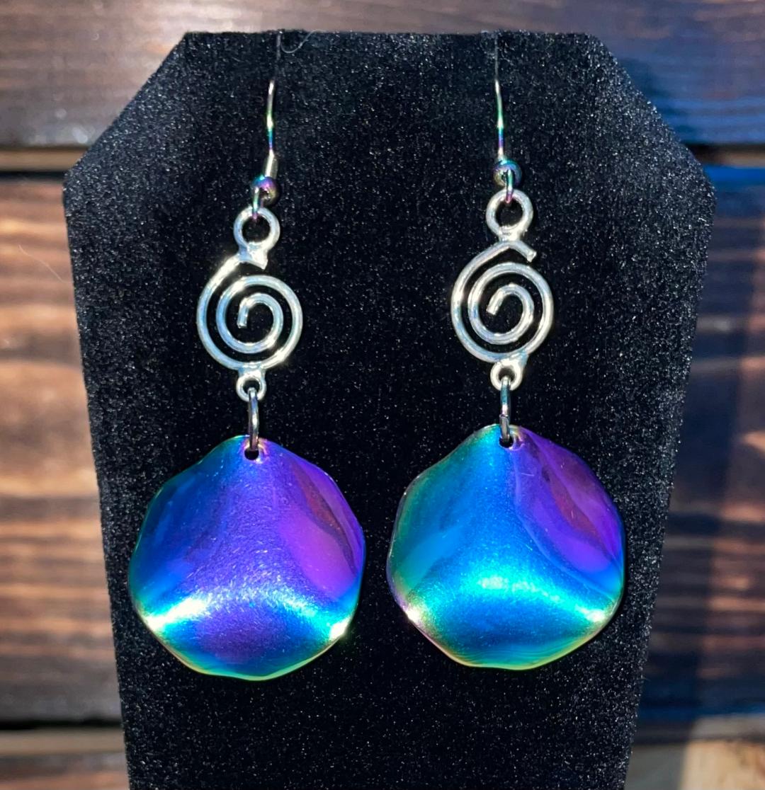 NEW Rainbow Iridescent Ripple Wave Stainless Steel Circle Earrings