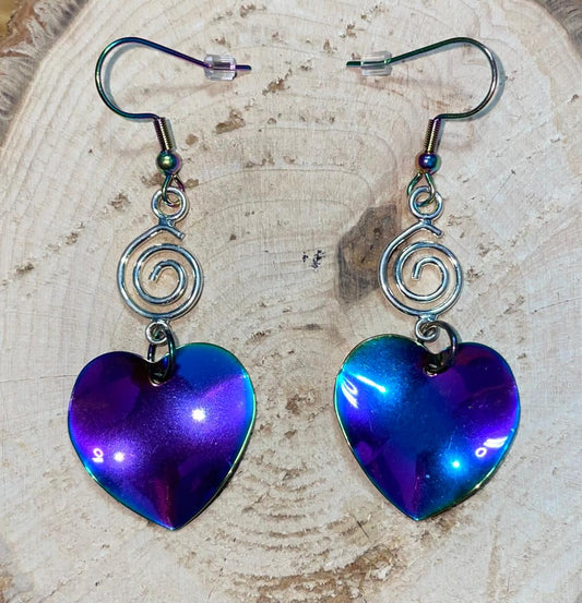 NEW Rainbow Iridescent Ripple Wave Stainless Steel Heart Earrings