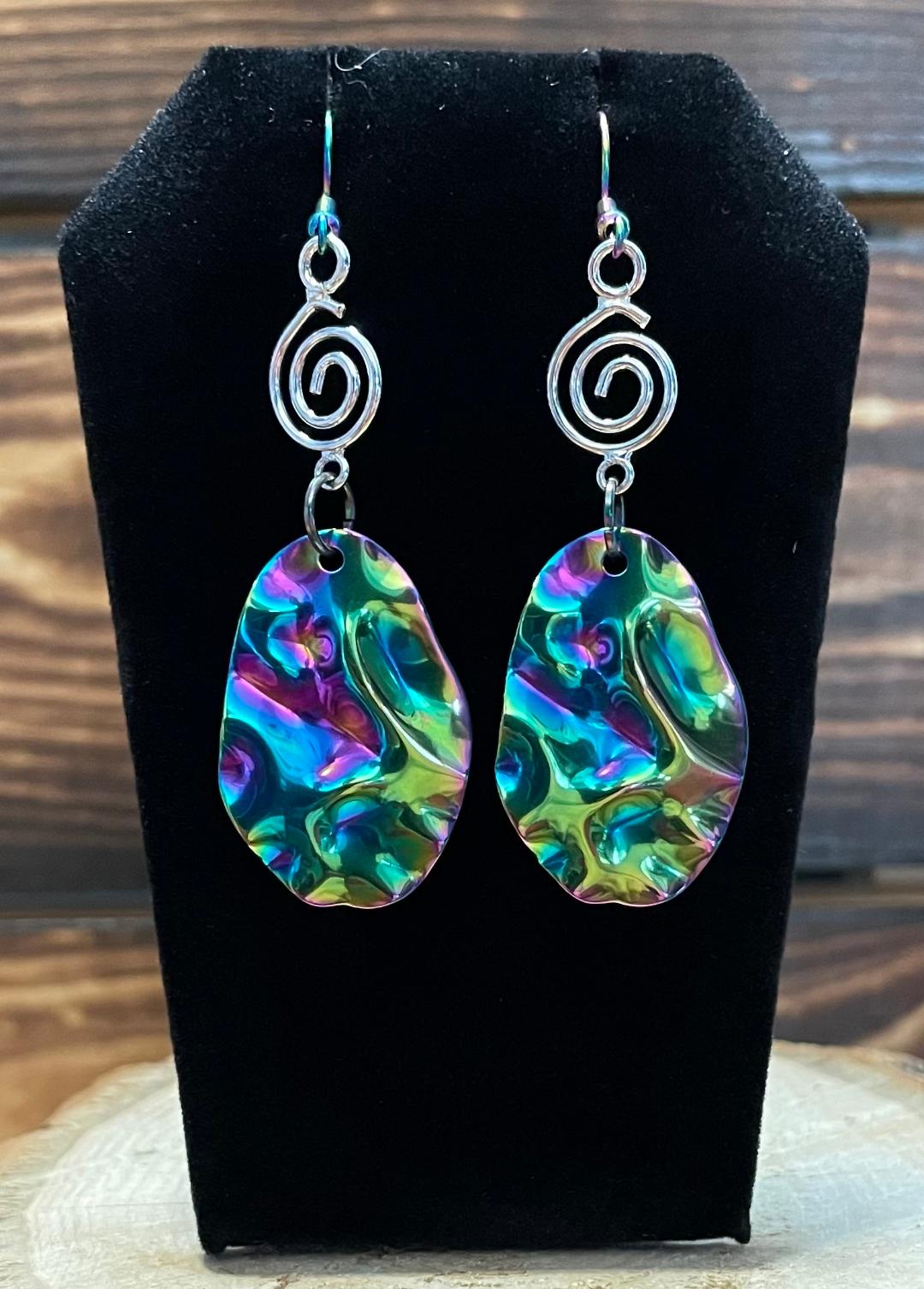 NEW Rainbow Iridescent Ripple Wave Stainless Steel Oval Earrings
