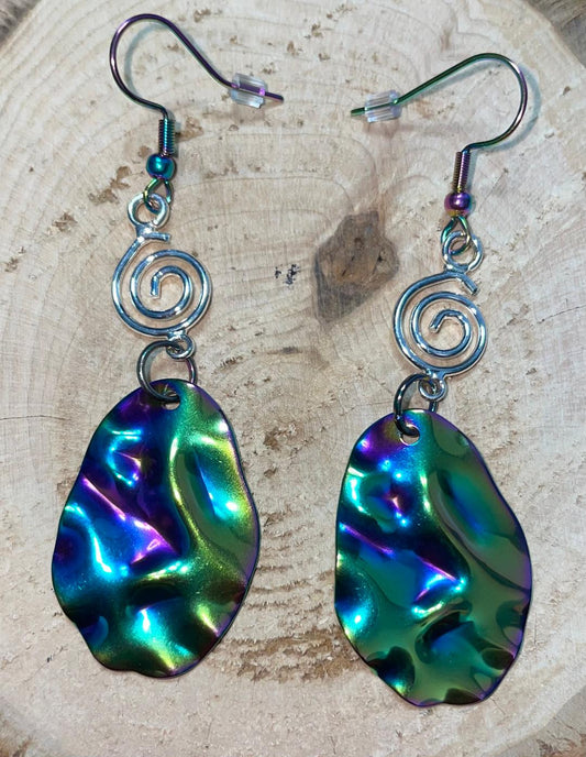 NEW Rainbow Iridescent Ripple Wave Stainless Steel Oval Earrings