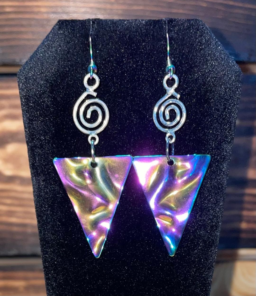 NEW Rainbow Iridescent Ripple Wave Stainless Steel Triangle Earrings