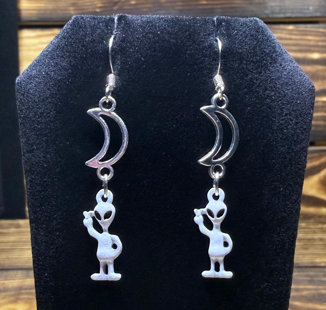 NEW Little White Alien Earrings w/ Hollow Crescent Moon