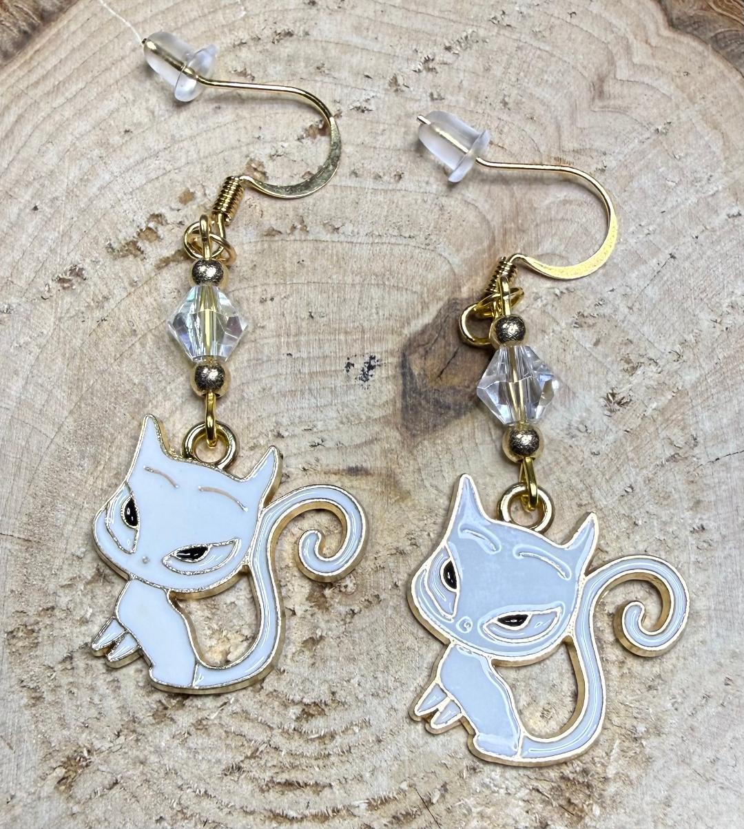 NEW White Retro Atomic Sassy Cat Earrings w/ Clear Glass Beads