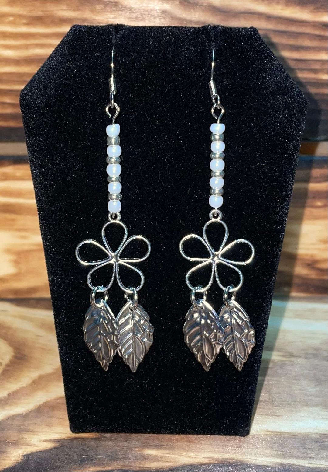 NEW Boho Silver Tone Flowers, Leaves, White Beads, X Long Dangle Drop Earrings
