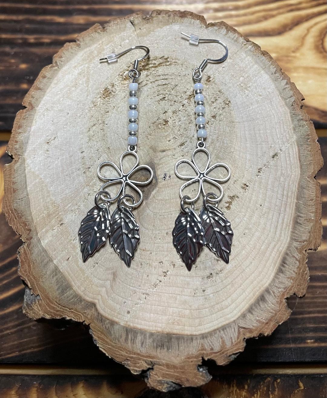 NEW Boho Silver Tone Flowers, Leaves, White Beads, X Long Dangle Drop Earrings