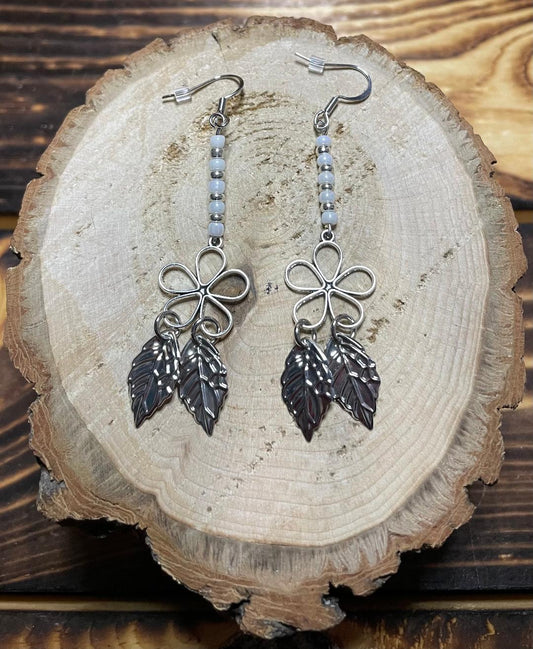 NEW Boho Silver Tone Flowers, Leaves, White Beads, X Long Dangle Drop Earrings