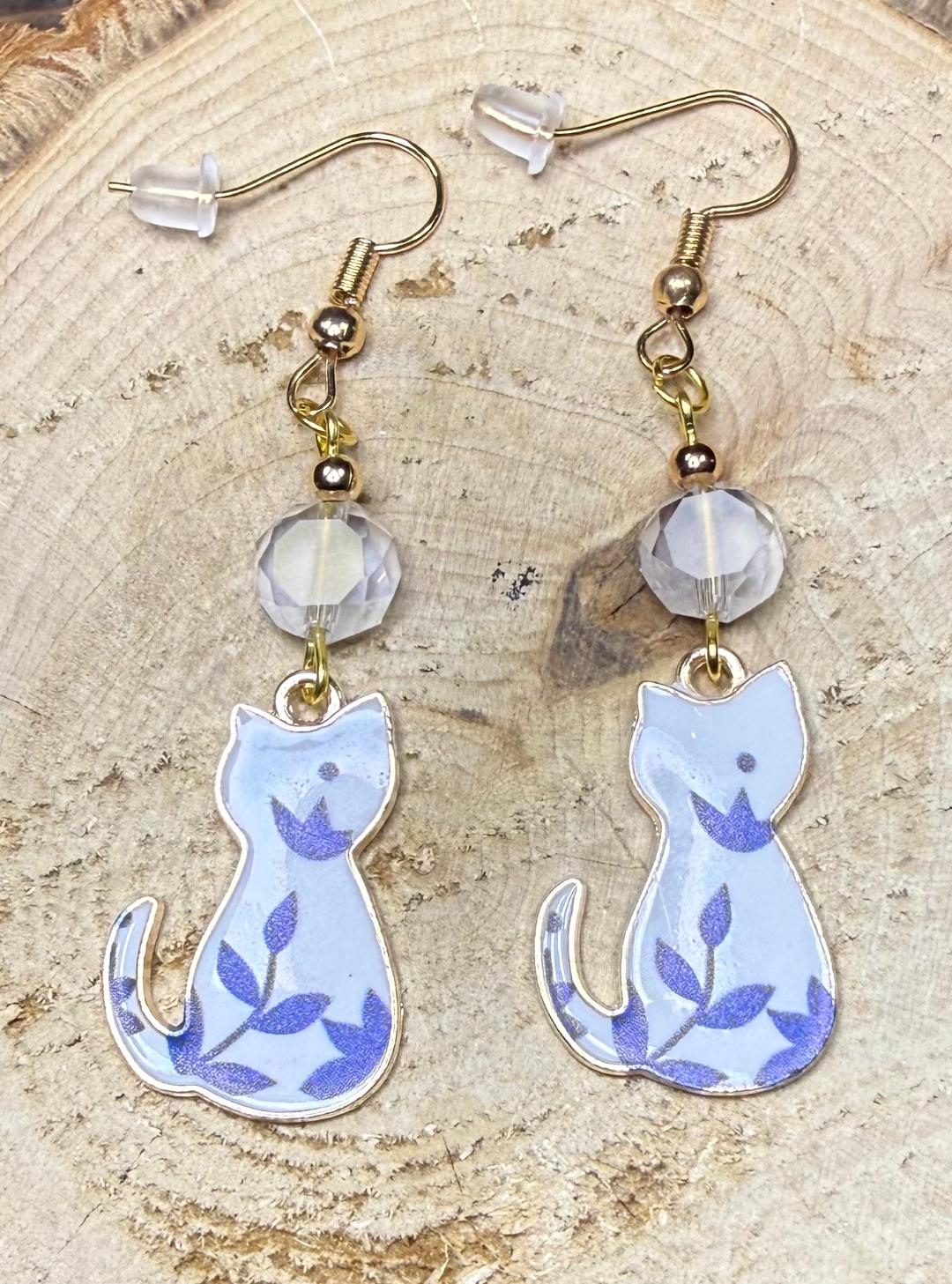 NEW White & Blue Floral Cat Earrings w/ Frosted Glass Beads