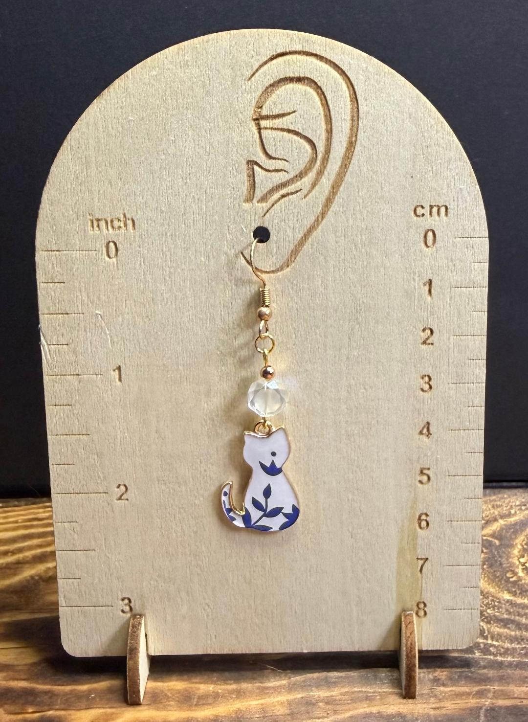 NEW White & Blue Floral Cat Earrings w/ Frosted Glass Beads