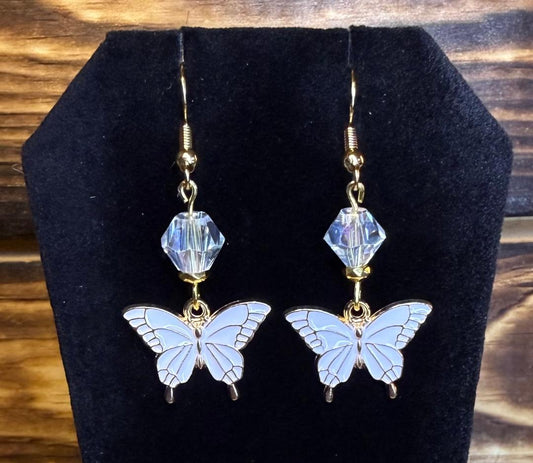 NEW White Enamel Butterfly Earrings w/ Clear Faceted Beads